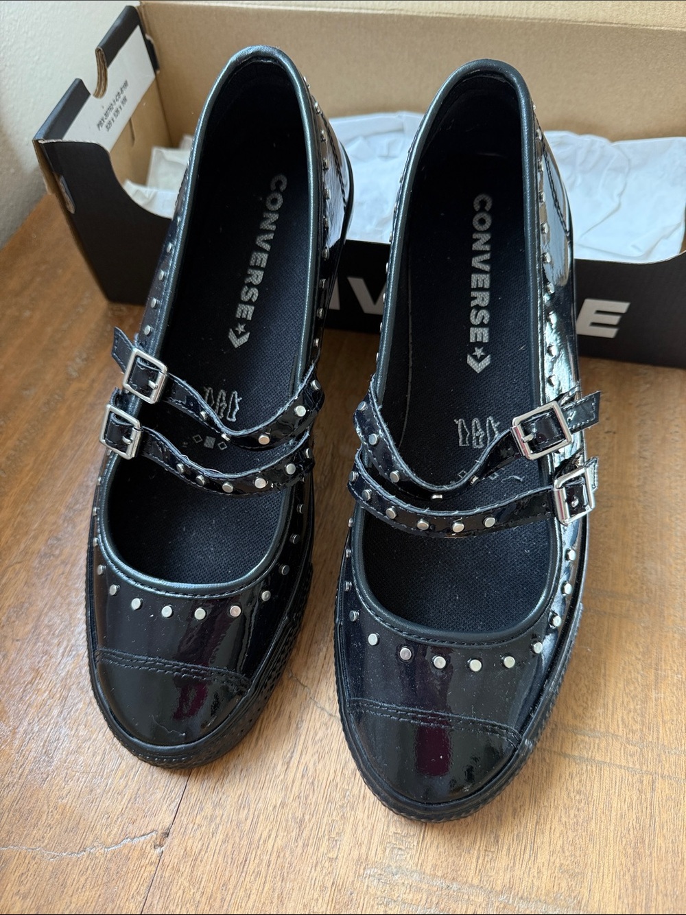 Converse Black Patent Mary Jane Flats with Studded Double Straps